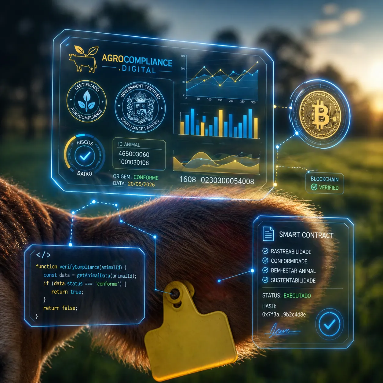 Bezerro com brinco eletrônico amarelo e HUDs holográficos da plataforma AgroCompliance.Digital exibindo certificações de conformidade e bem-estar, score de riscos baixo, ID animal 465003060, gráficos de monitoramento, smart contract executado em blockchain com hash verificado, e bloco de código JavaScript da função verifyCompliance retornando status conforme