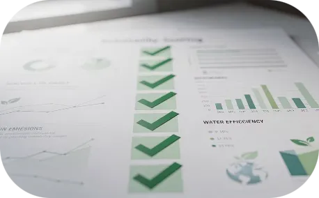 Relatório de sustentabilidade ESG com gráficos verdes e métricas de eficiência hídrica