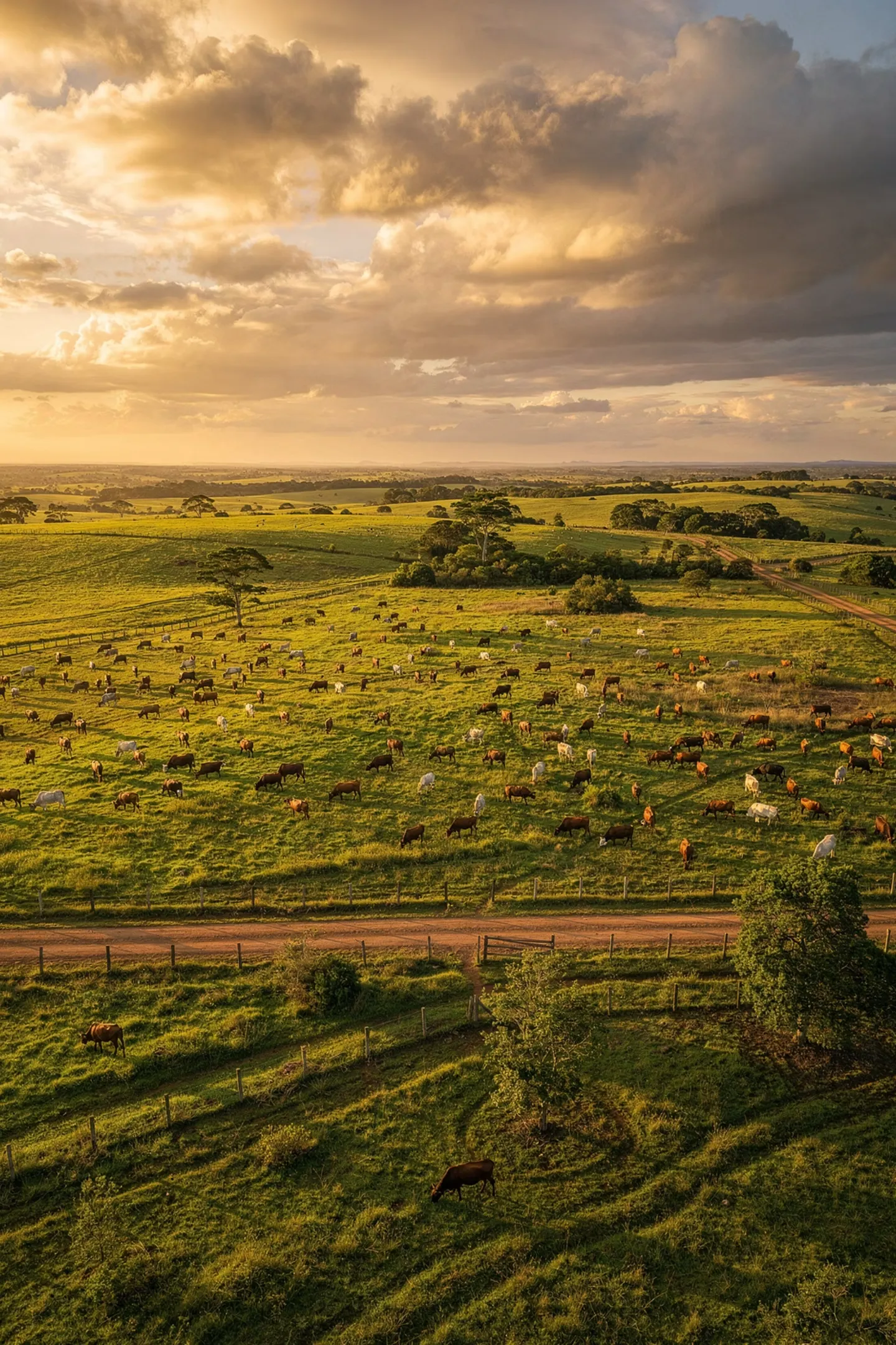 Vista aérea de pasto ao entardecer com bovinos da pecuária brasileira